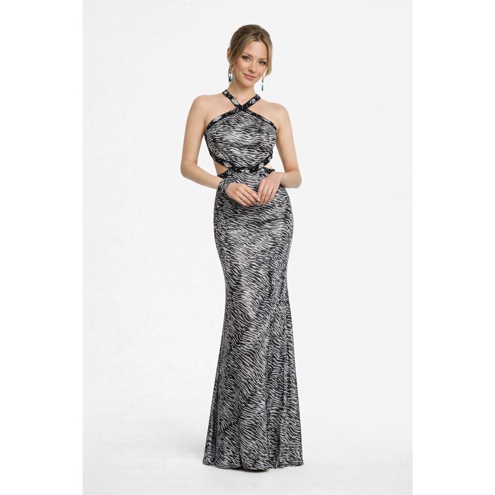 Camille La Vie Animal Print Sequin Halter Open Back Maxi Dress NWT Size 4